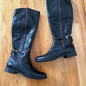Black Leather Knee-High Riding Boots with Red Trim